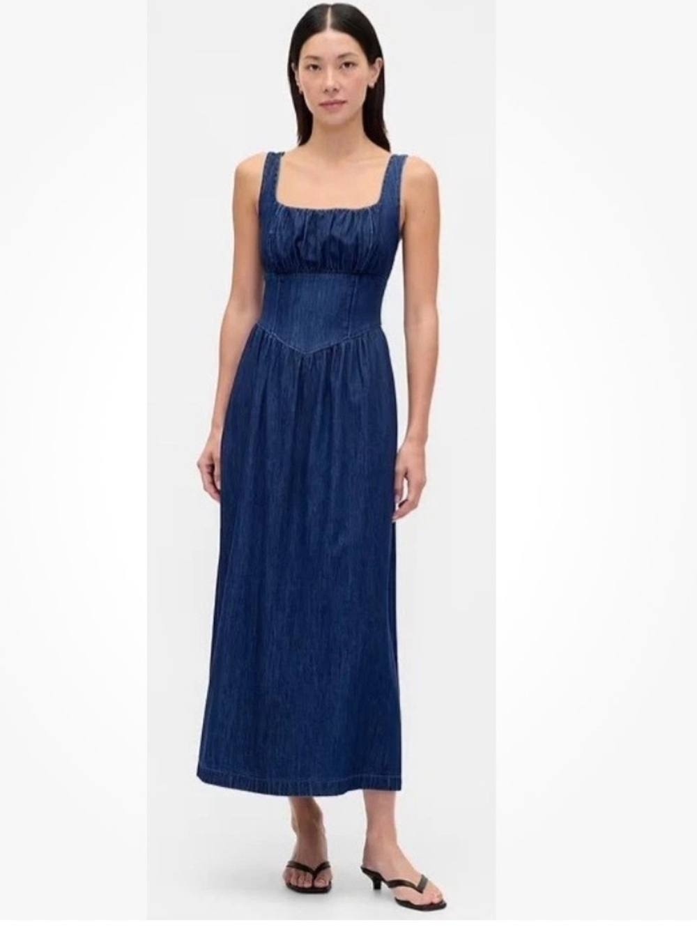Gap Dress Womens XL Denim Drop-Waist Corset Midi Dark Wash Pockets Smocked NWT